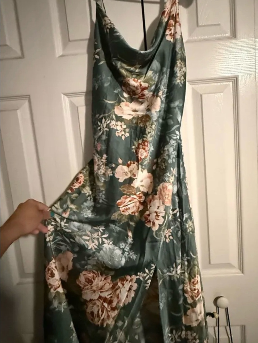 Petal and Pup Green Floral Satin Slip Dress with Blush Blooms